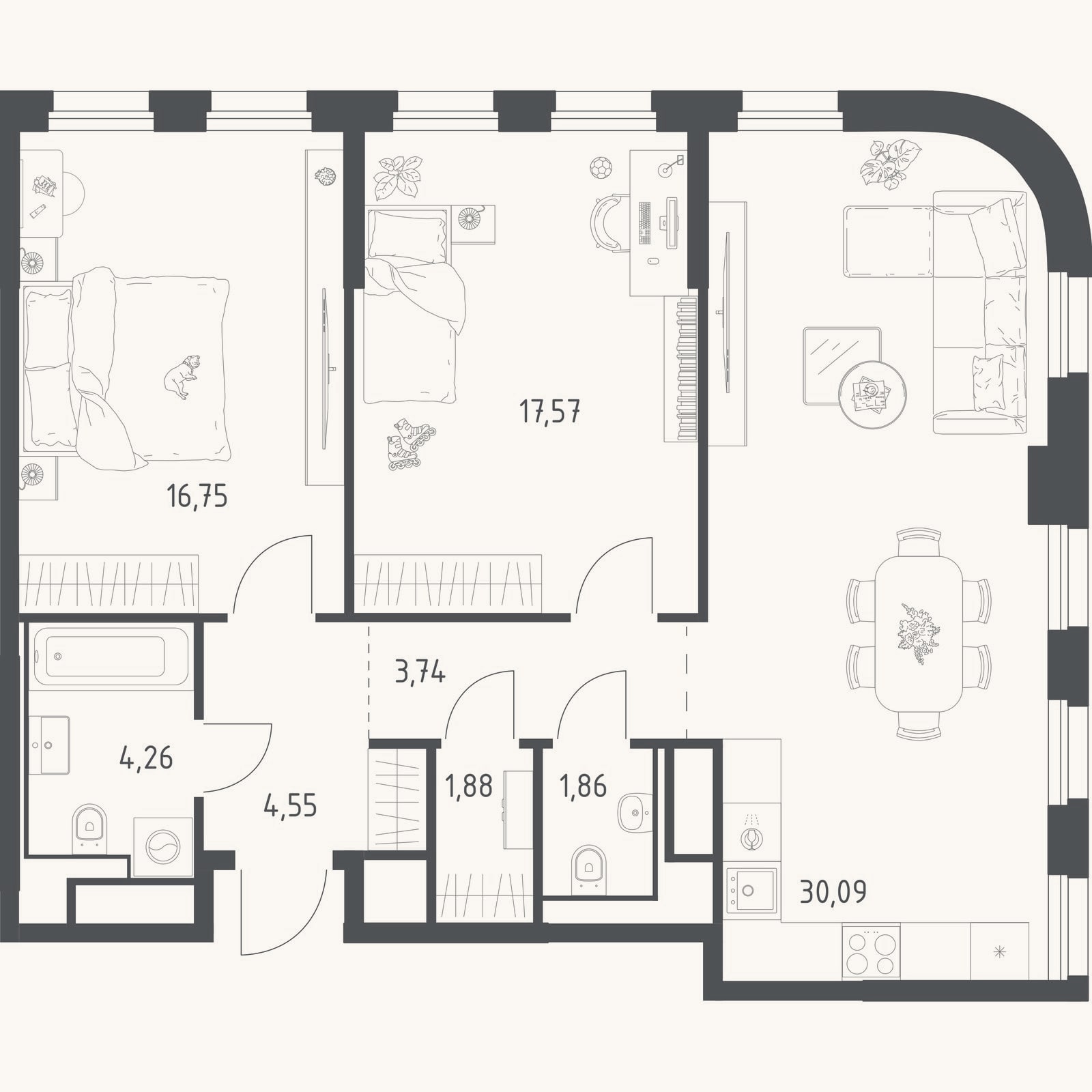 Планировка: 3-к, 80,7 м²