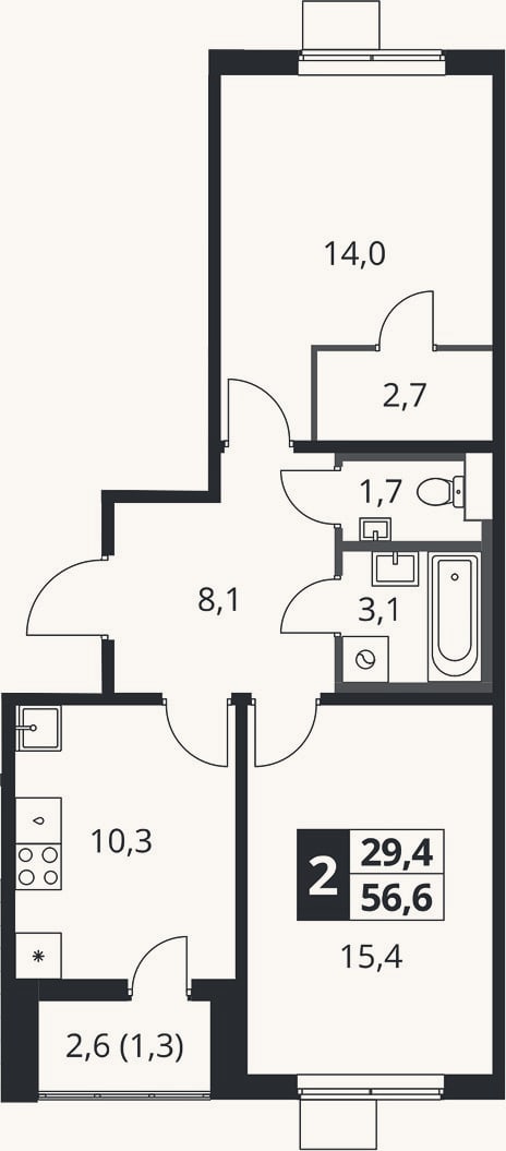 Планировка: 2-к, 55,3 м²