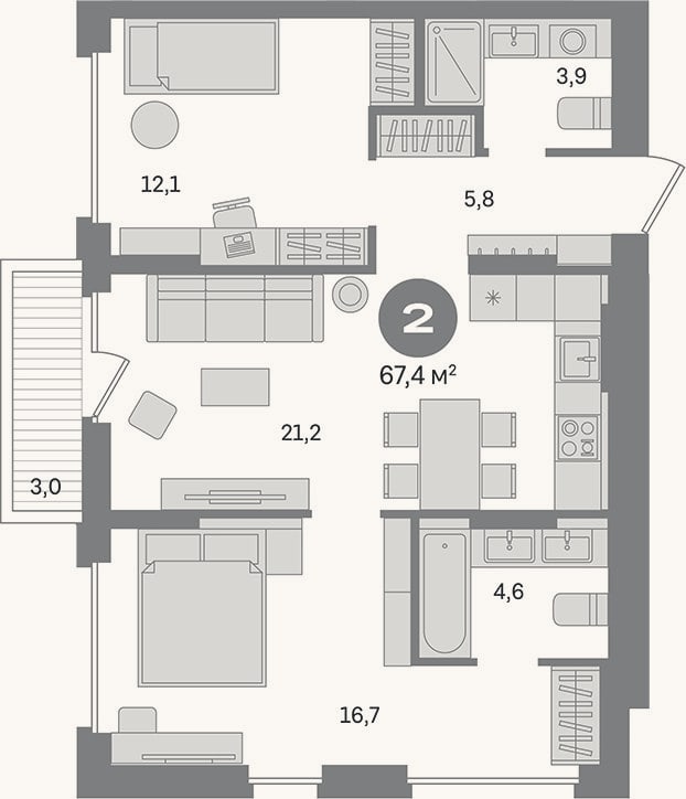 Планировка: 2-к, 64,4 м²