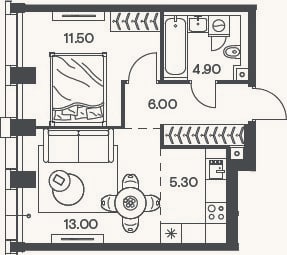 Планировка: 2-к, 40,7 м²