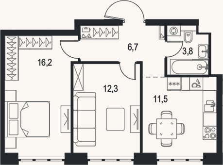 Планировка: 2-к, 50,5 м²
