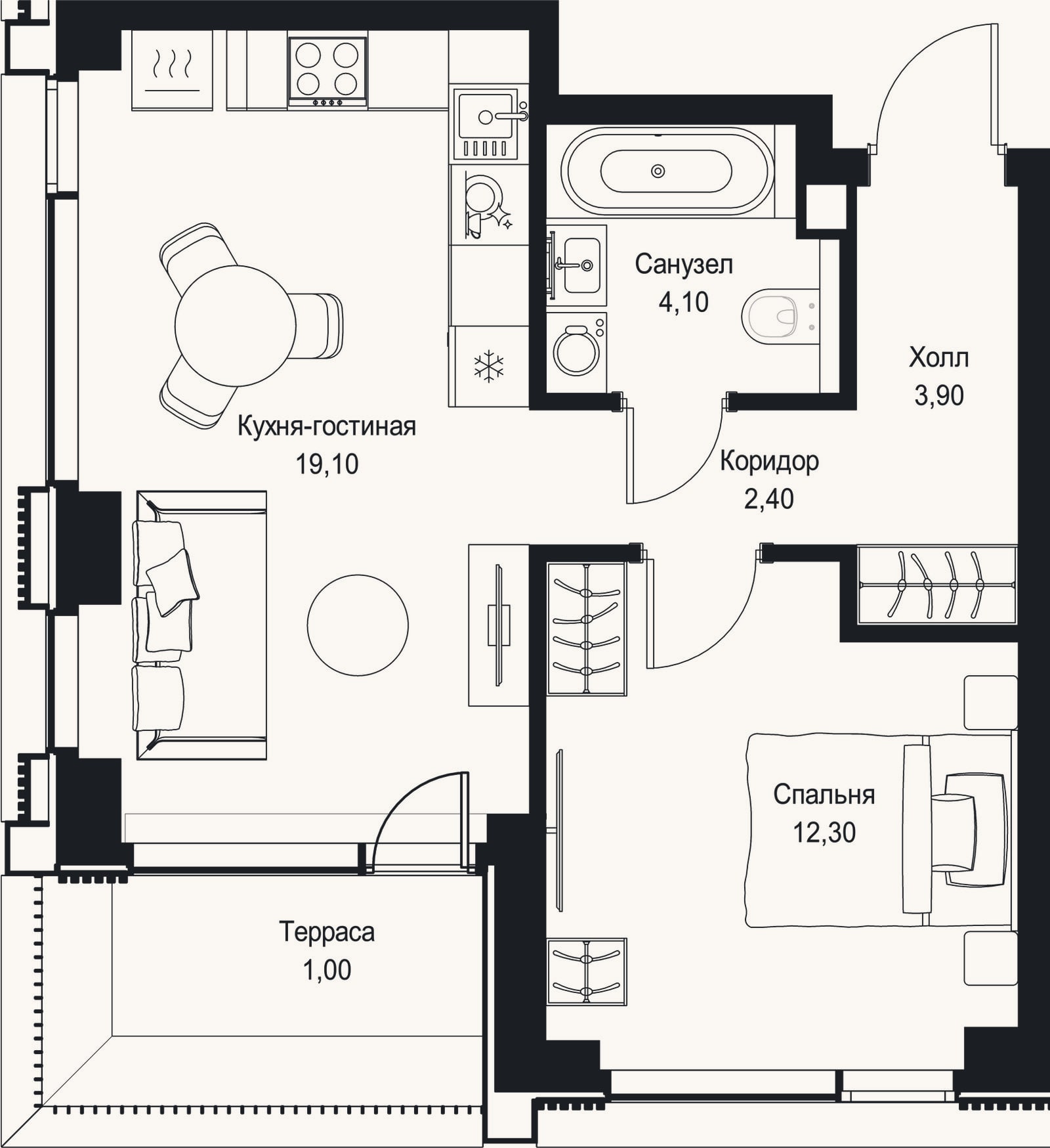 Планировка: 2-к, 41,8 м²