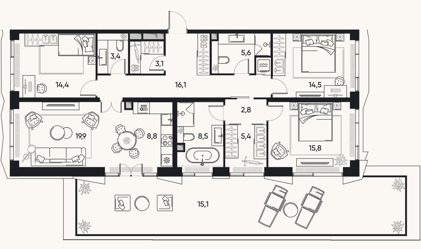 Планировка: 4+ к, 119 м²