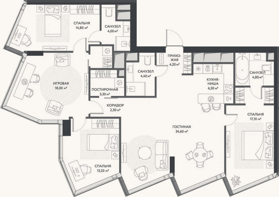 Планировка: 4+ к, 129 м²