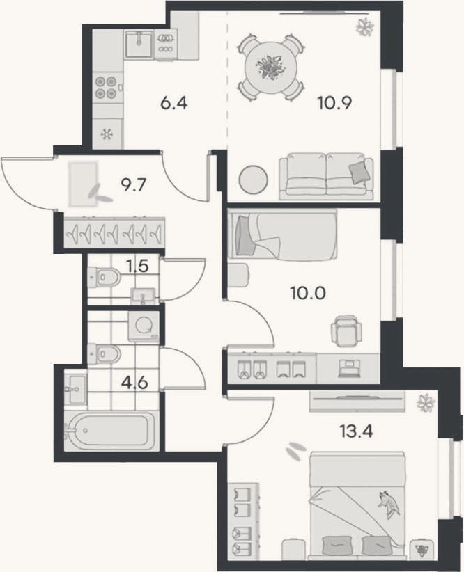 Планировка: 3-к, 56,5 м²