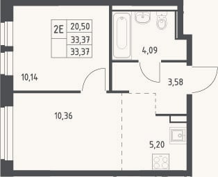 Планировка: 2-к, 33,4 м²