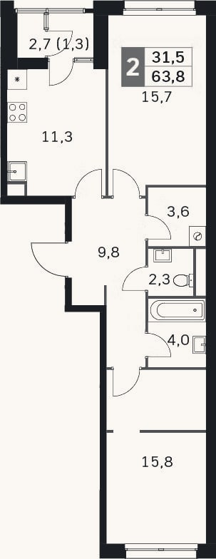 Планировка: 2-к, 60,3 м²