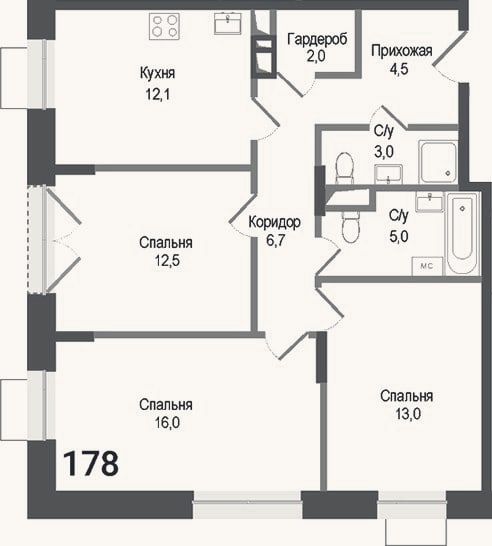 Планировка: 3-к, 74,8 м²