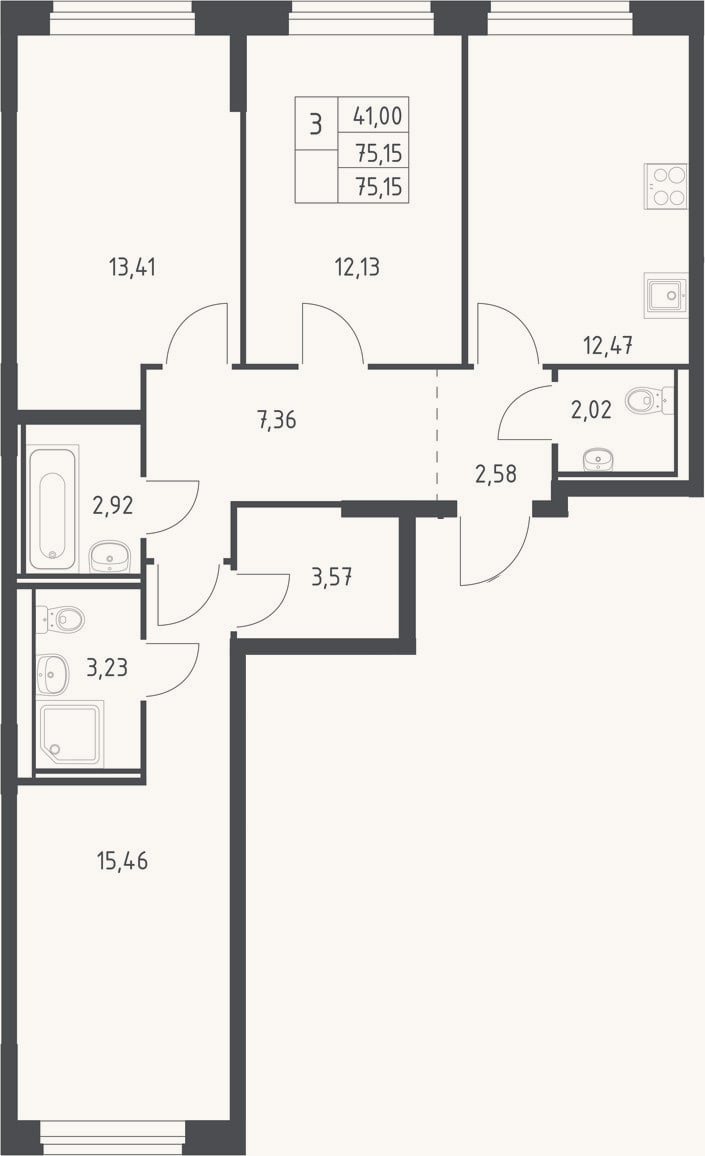 Планировка: 3-к, 75,2 м²