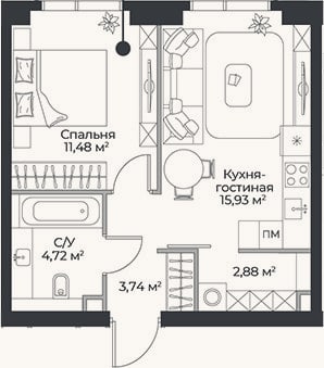 Планировка: 2-к, 38,8 м²