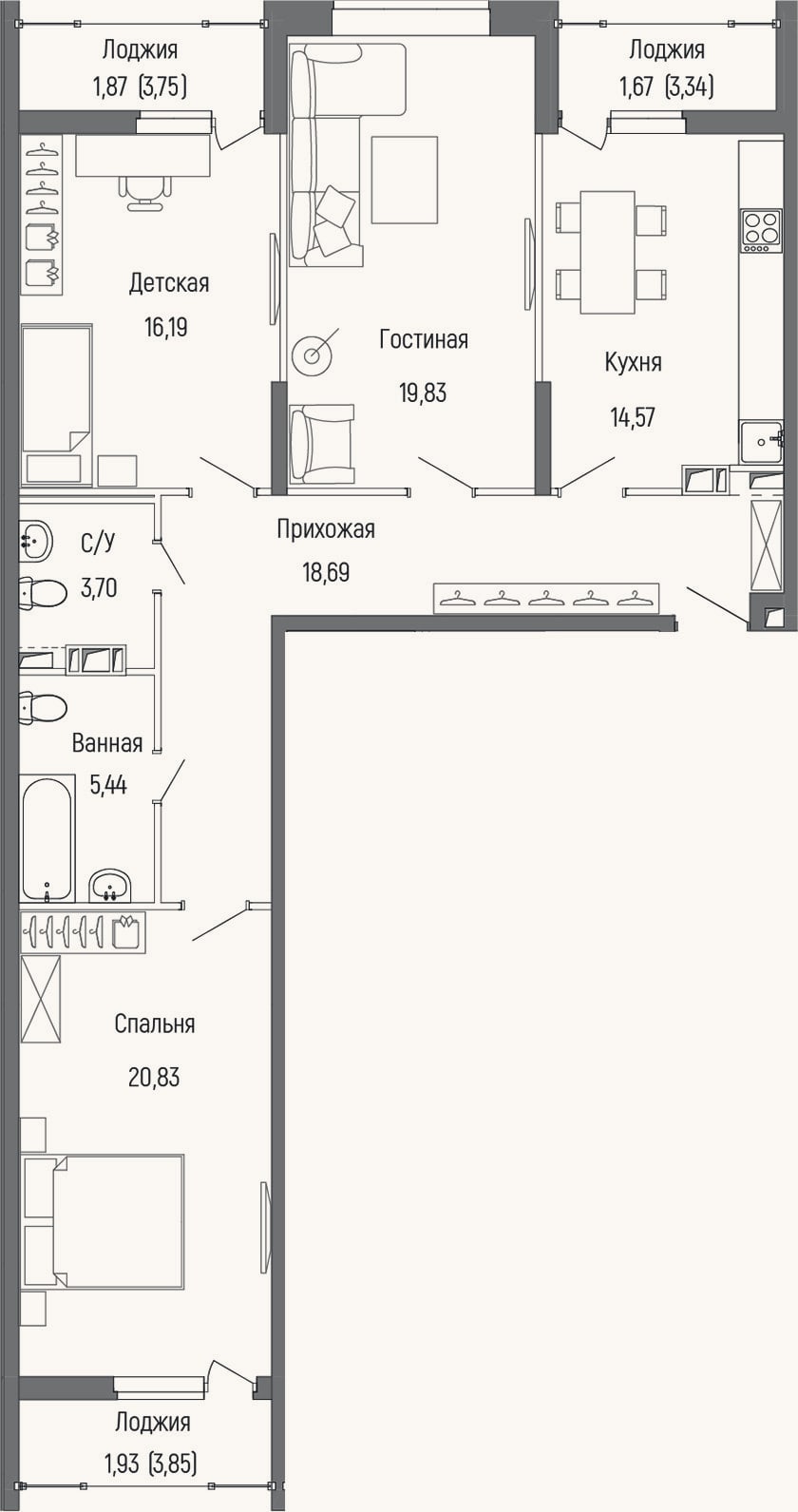 Планировка: 3-к, 99,3 м²