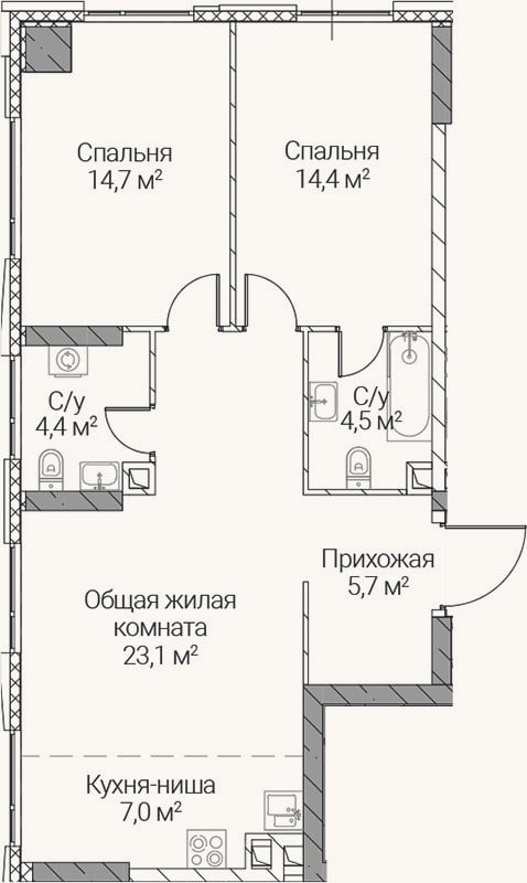 Планировка: 3-к, 73,8 м²