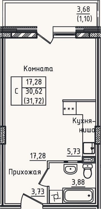Планировка: Студия, 30,6 м²