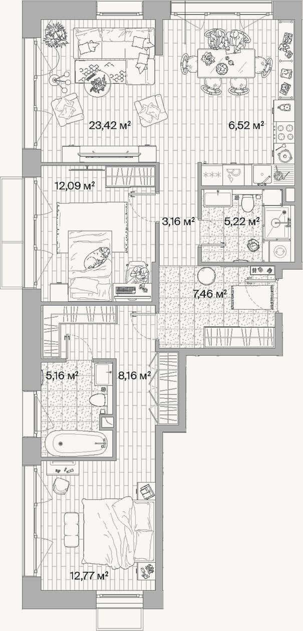 Планировка: 3-к, 84 м²
