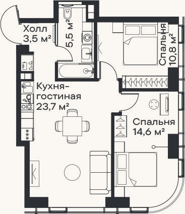 Планировка: 3-к, 58,1 м²