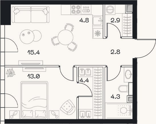 Планировка: 2-к, 47,6 м²