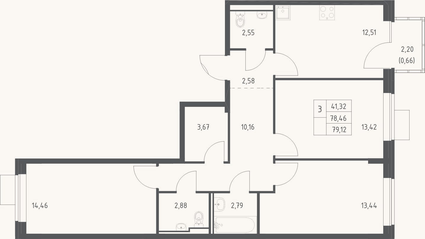 Планировка: 3-к, 78,5 м²