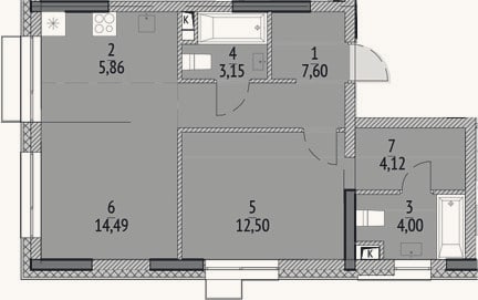Планировка: 2-к, 51,7 м²