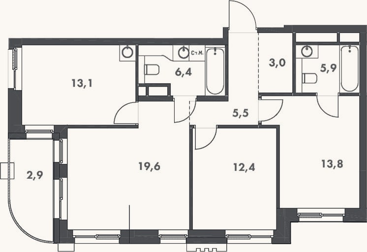Планировка: 4+ к, 79,7 м²