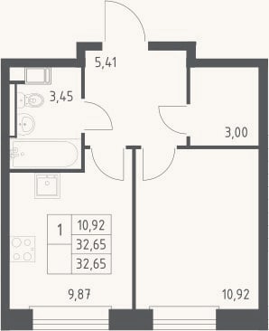 Планировка: 1-к, 32,7 м²