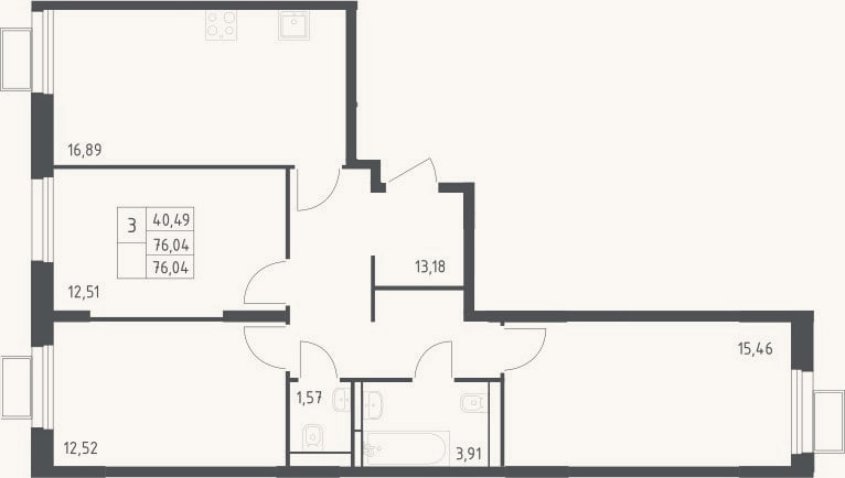 Планировка: 3-к, 76 м²