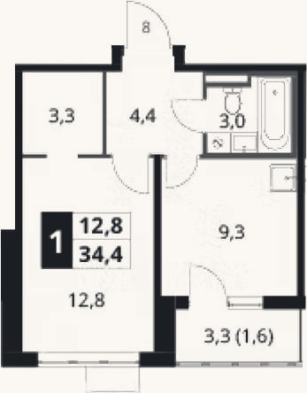 Планировка: 1-к, 32,8 м²