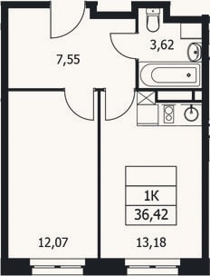Планировка: 1-к, 36,4 м²