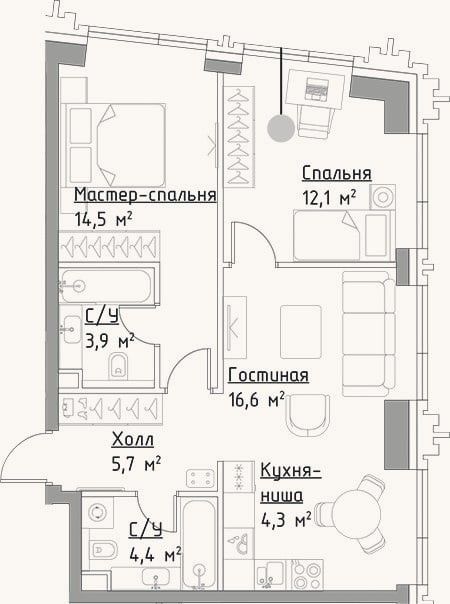 Планировка: 3-к, 61,5 м²
