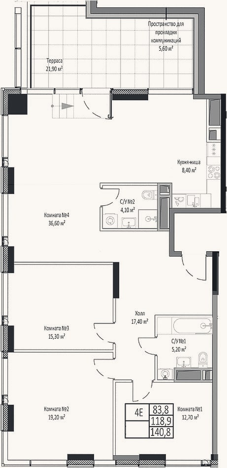 Планировка: 4+ к, 118,9 м²