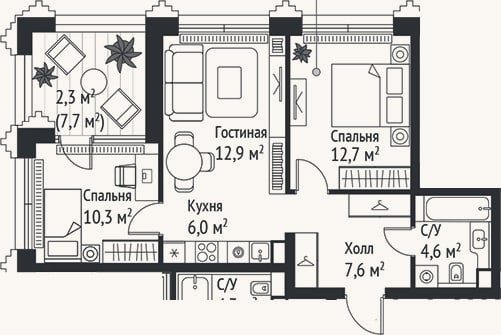 Планировка: 3-к, 54,1 м²