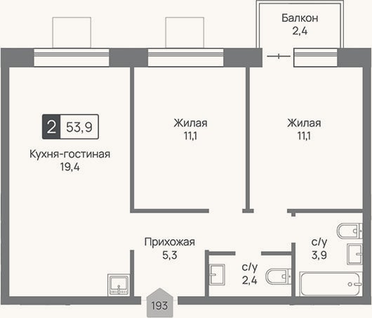 Планировка: 3-к, 53,2 м²