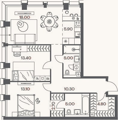 Планировка: 3-к, 78,2 м²