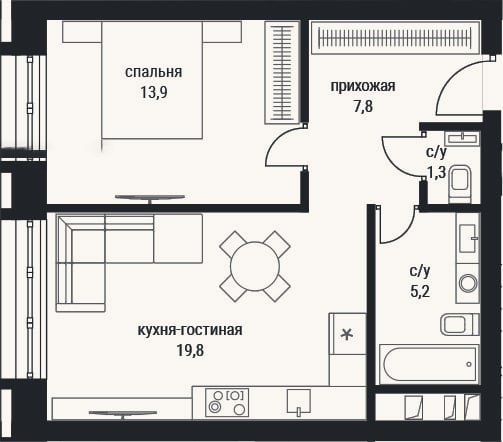 Планировка: 2-к, 48 м²