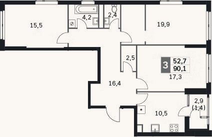 Планировка: 3-к, 86,9 м²