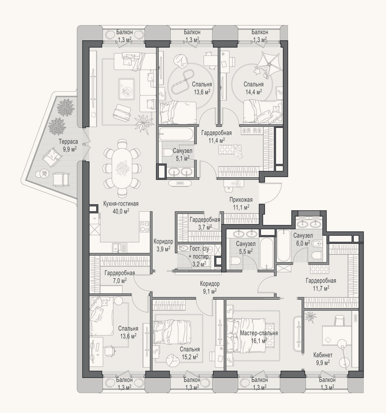 Планировка: 4+ к, 202,7 м²