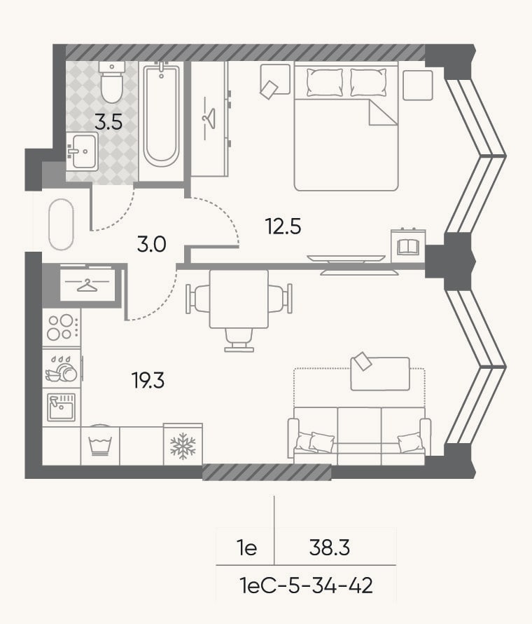 Планировка: 2-к, 38,3 м²