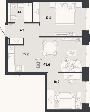 Планировка: 3-к, 49,6 м²