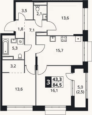 Планировка: 3-к, 82 м²