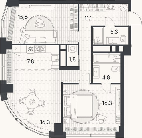 Планировка: 3-к, 79 м²
