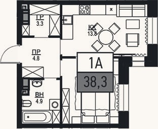 Планировка: 1-к, 38,3 м²