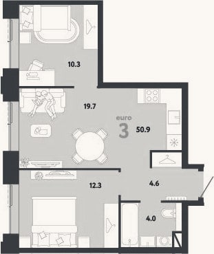 Планировка: 3-к, 50,9 м²