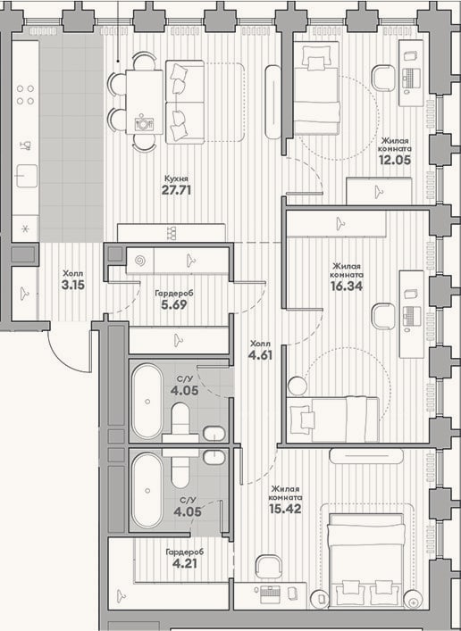 Планировка: 3-к, 97,3 м²