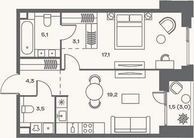 Планировка: 2-к, 52,3 м²