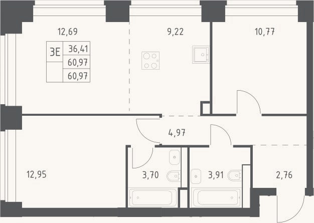Планировка: 3-к, 61 м²