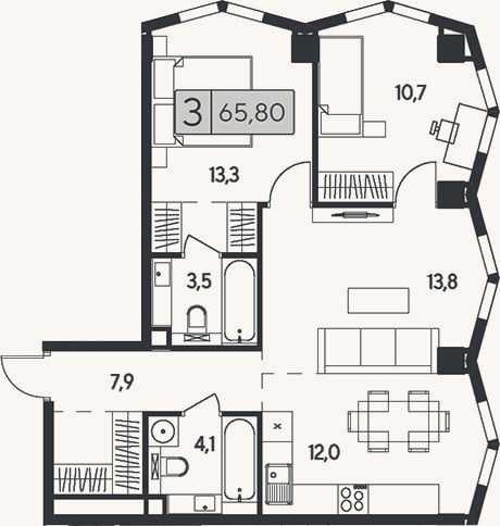 Планировка: 3-к, 65,8 м²