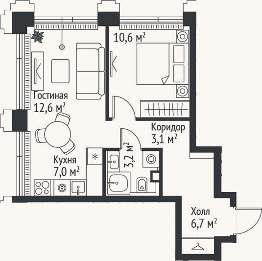 Планировка: 2-к, 43,2 м²
