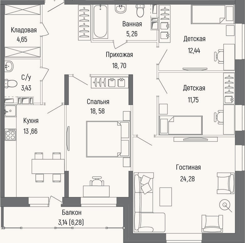 Планировка: 4+ к, 112,8 м²