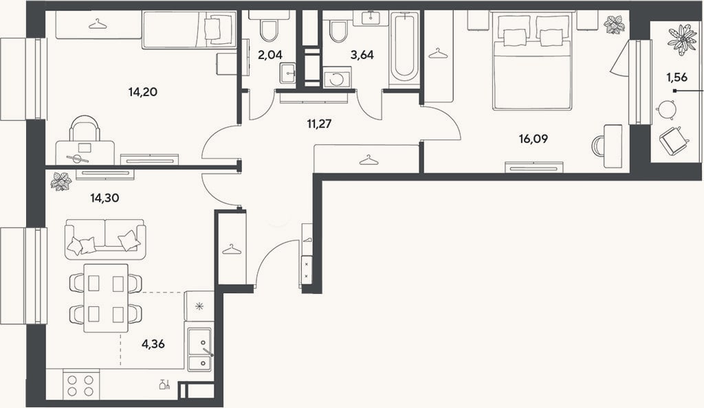 Планировка: 3-к, 65,9 м²