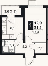 Планировка: 1-к, 29,6 м²