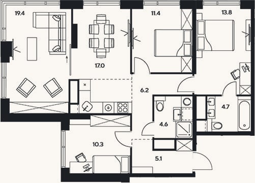 Планировка: 4+ к, 92,5 м²